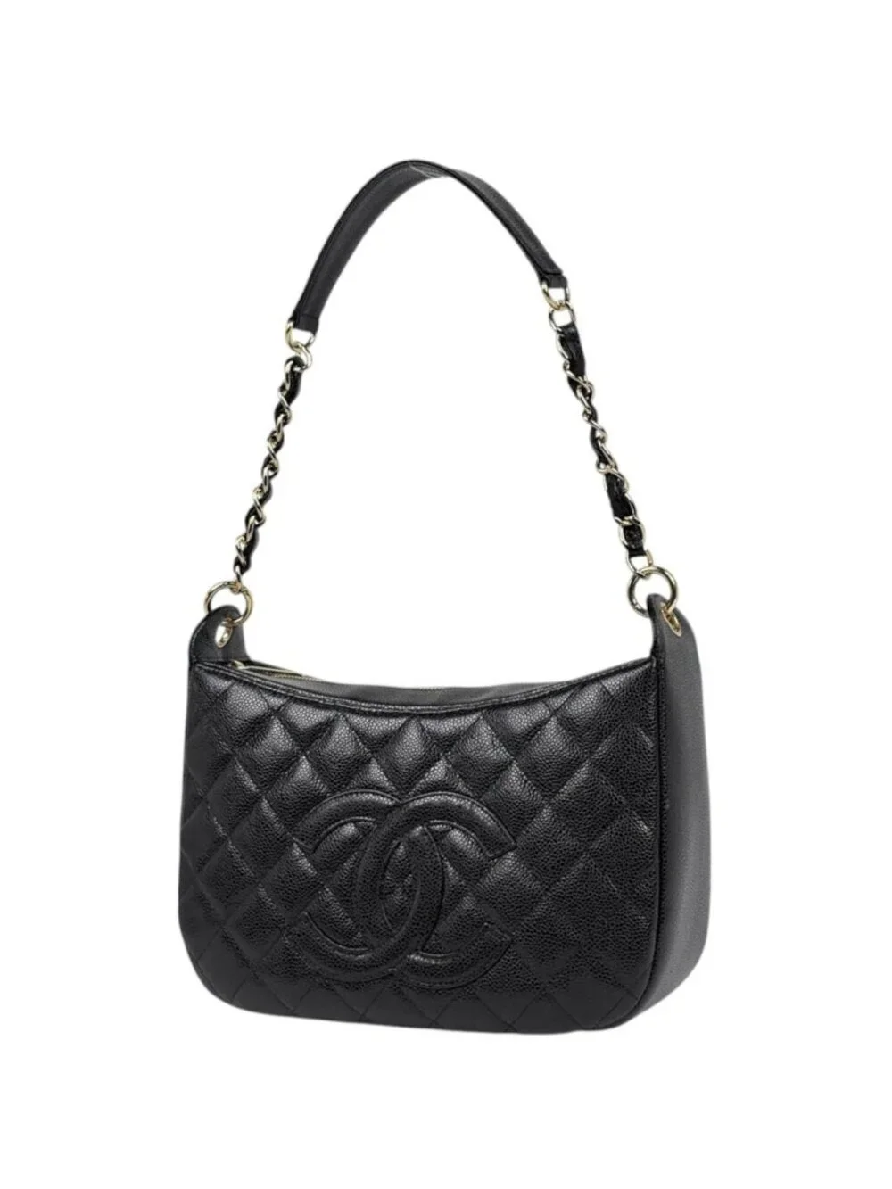 Chanel Shoulder Bag CC Logo Quilted Caviar Leather Black